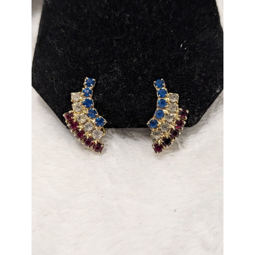 Vintage 1950s Patriotic Red White & Blue Rhinestone Wing Clip-On Earrings
